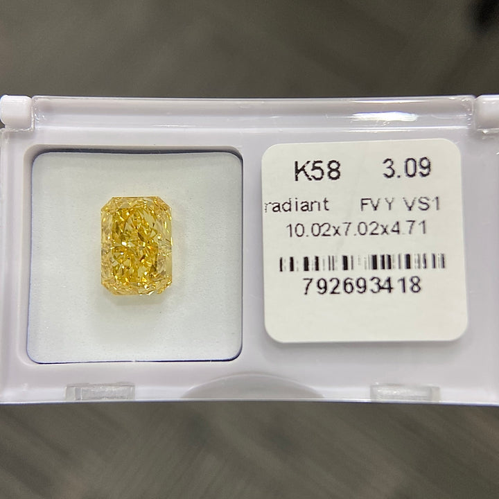 DovEggs 3.09ct radiant fancy vivid yellow VS1-LAB GROWN DIAMOND-K58