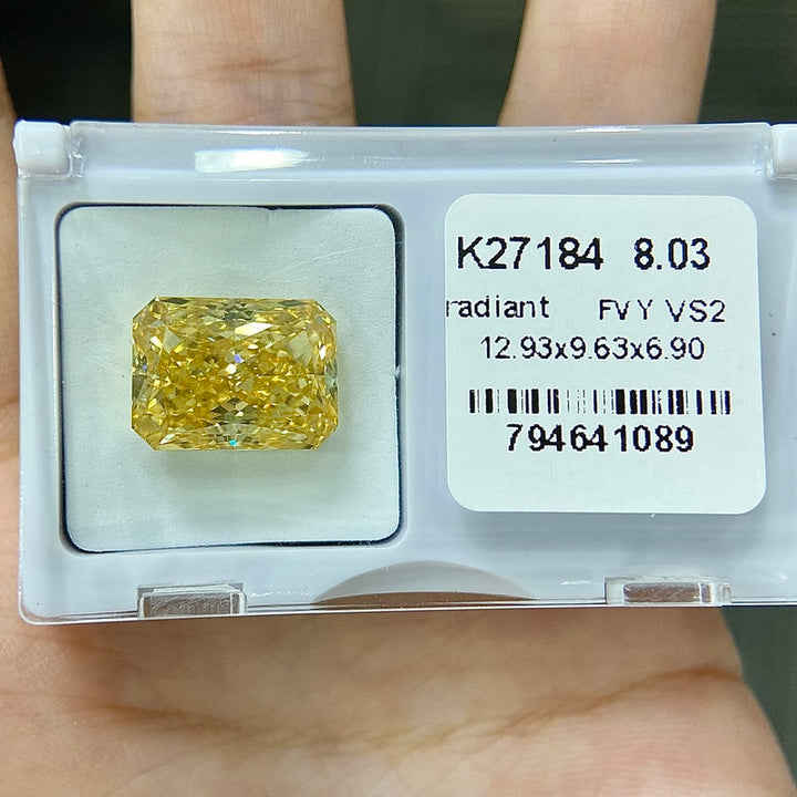 DovEggs 8.03ct radiant fancy vivid yellow VS2-LAB GROWN DIAMOND-K27184