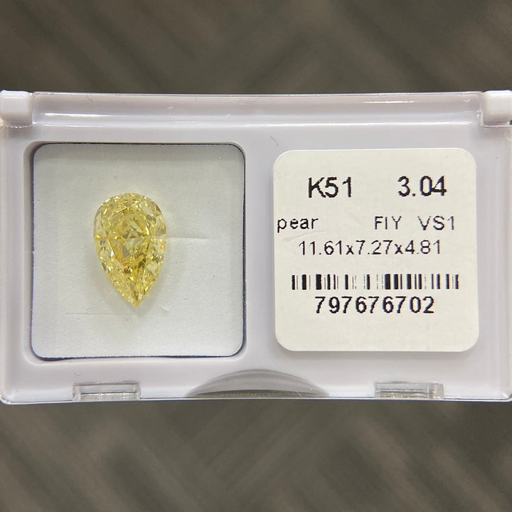 DovEggs 3.04ct pear fancy intense yellow VS1-LAB GROWN DIAMOND-K51
