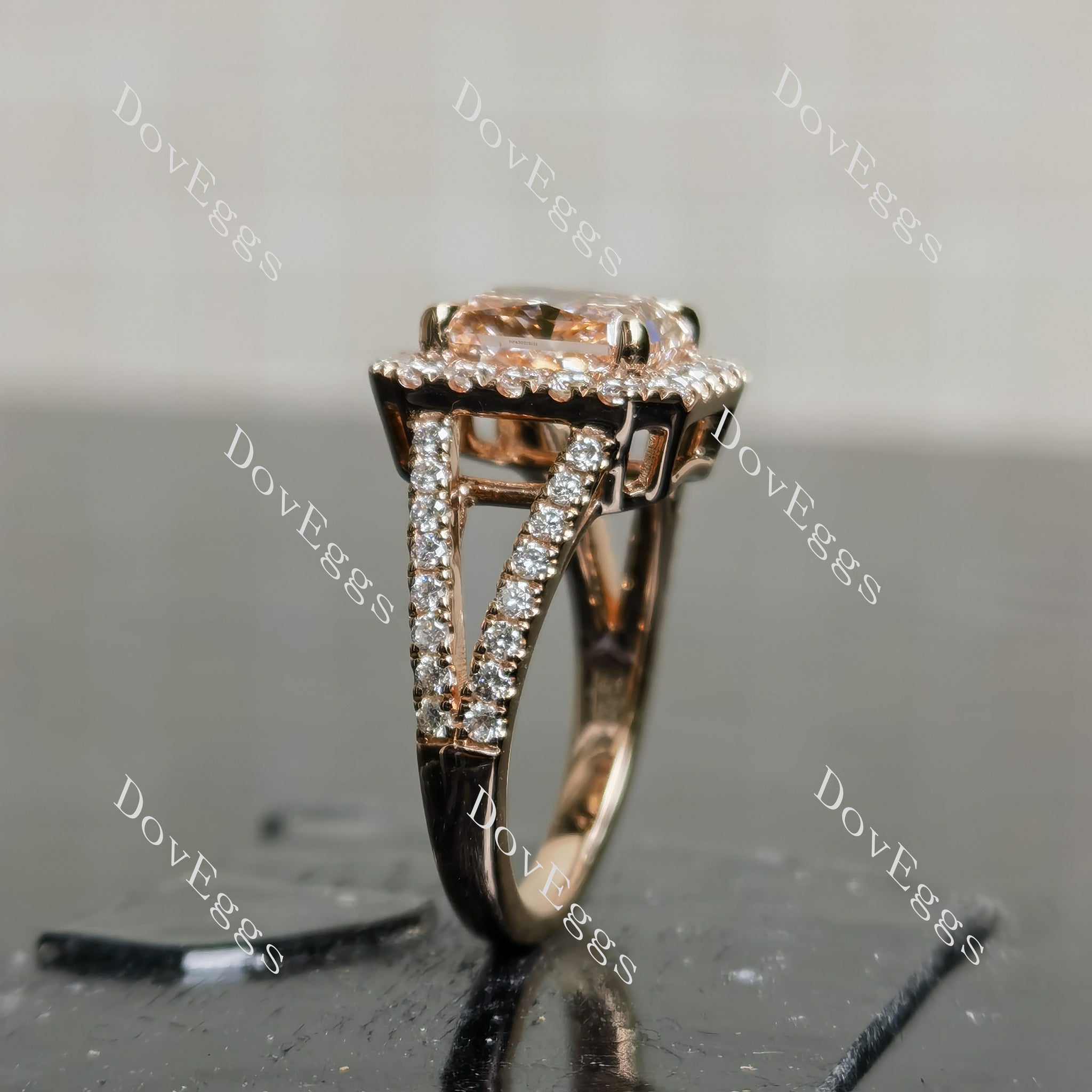 Doveggs radiant halo split shanks colored gem engagement ring