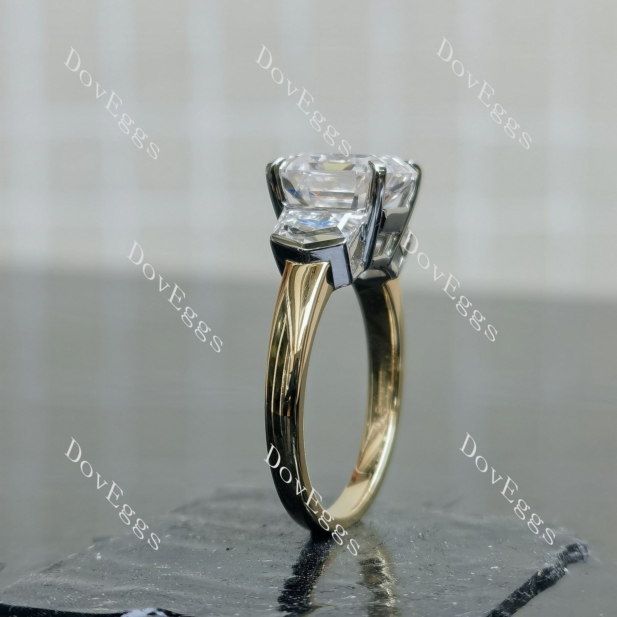 Aniela Asscher three stones moissanite engagement ring
