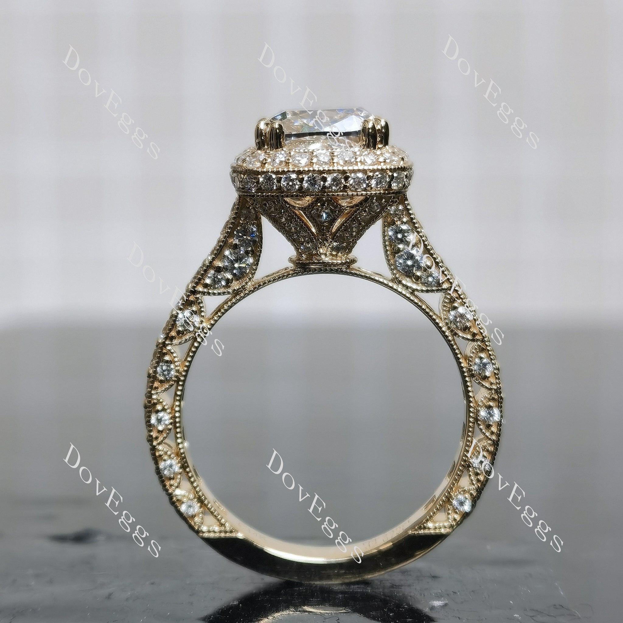 Doveggs Cushion Halo 3/4 Eternity Vintage Lab Grown Diamond Engagement Ring