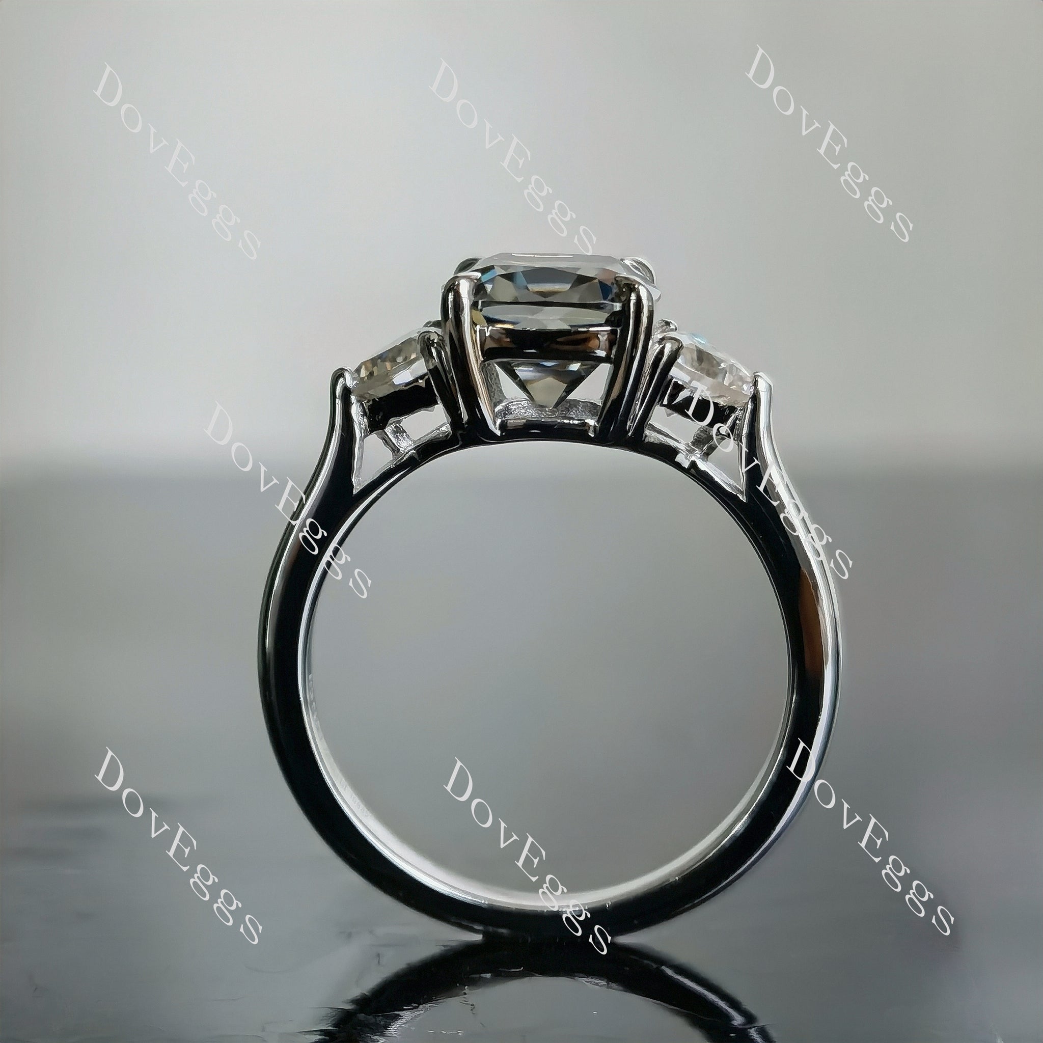 Doveggs cushion three-stone stardust grey moissanite engagement ring