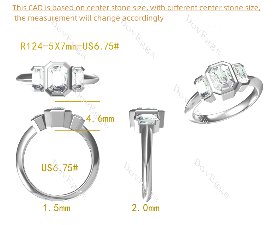 Doveggs emerald three stone bezel moissanite engagement ring