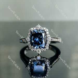 The Crystal cushion halo twilight blue moissanite engagement ring