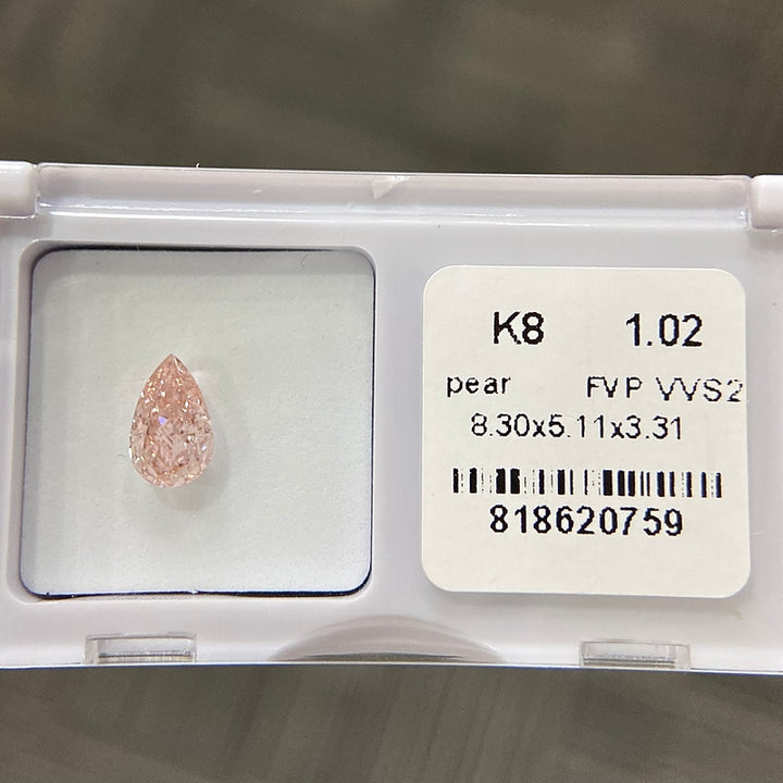 DovEggs 1.02ct pear fancy vivid pink VVS2-LAB GROWN DIAMOND-K8