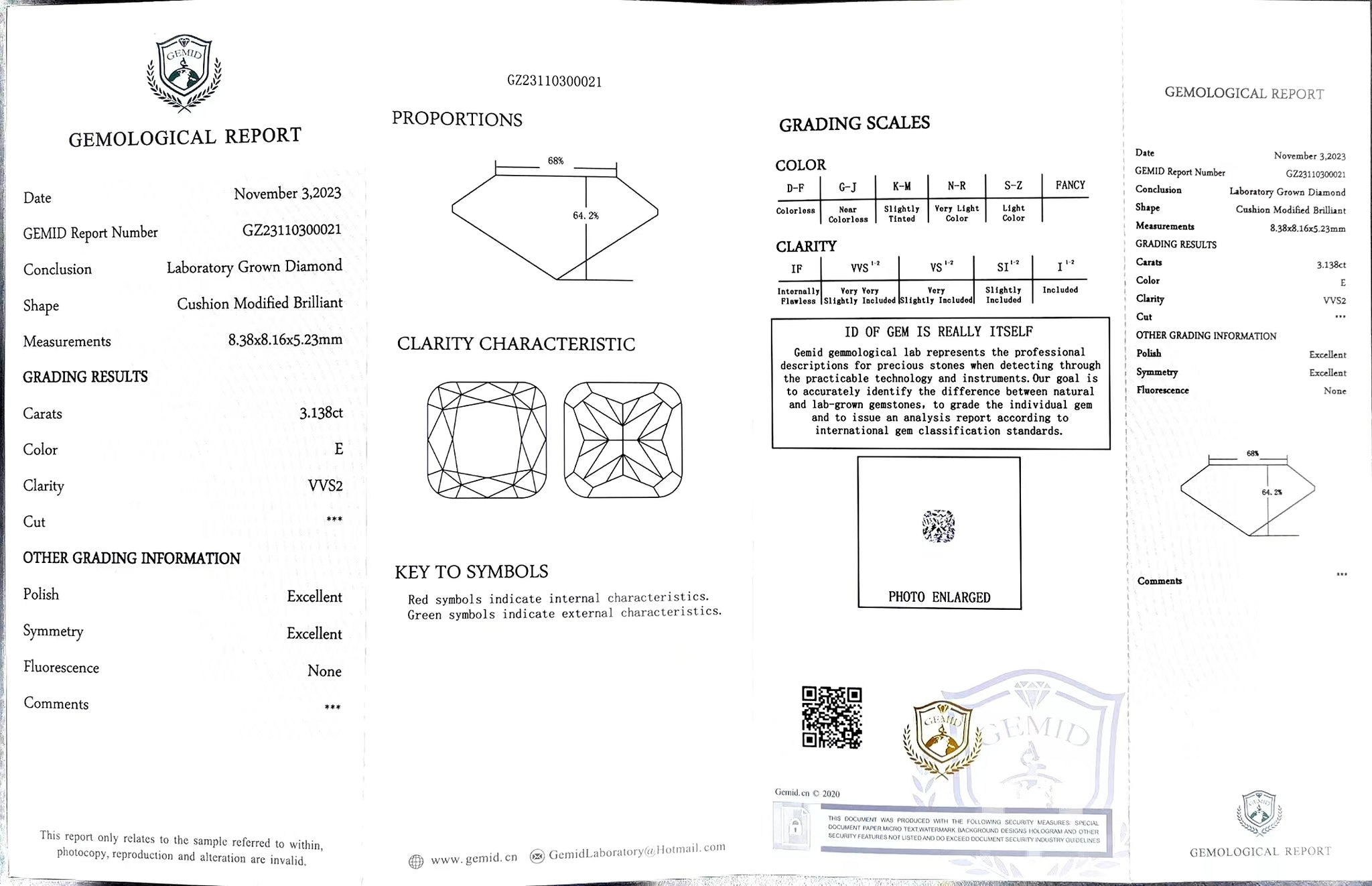Doveggs 3.138ct cushion E color VVS2 Clarity Excellent cut lab diamond stone(certified)