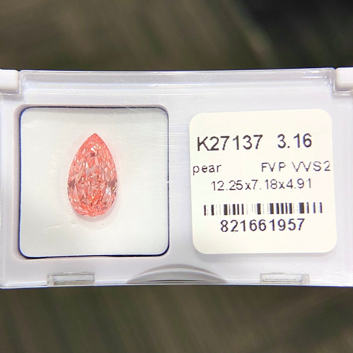 DovEggs 3.16ct pear fancy vivid pink VVS2-LAB GROWN DIAMOND-K27137