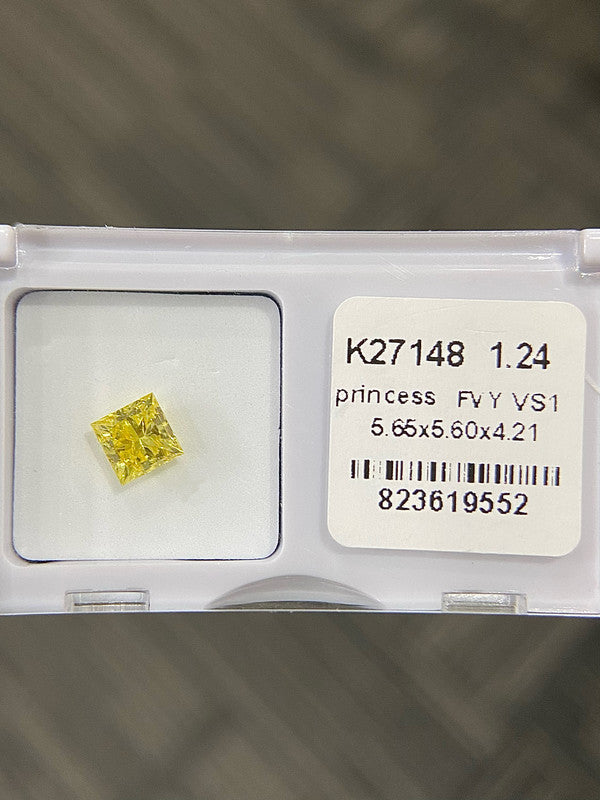 DovEggs 1.24ct princess fancy vivid yellow VS1-LAB GROWN DIAMOND-K27148