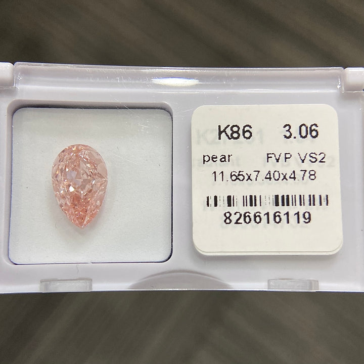DovEggs 3.06ct pear fancy vivid pink VS2-LAB GROWN DIAMOND-K86