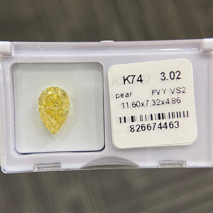DovEggs 3.02ct pear fancy vivid yellow VS2-LAB GROWN DIAMOND-K74