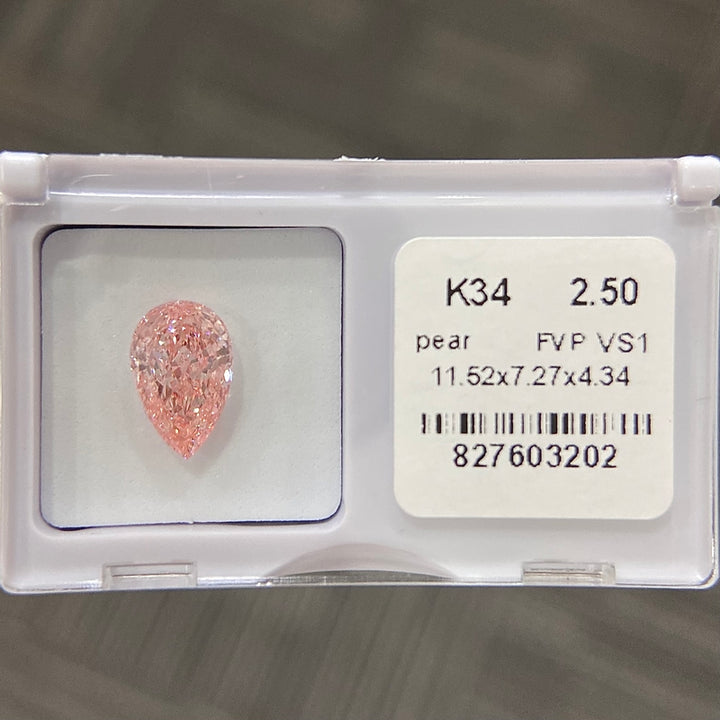 DovEggs 2.50ct pear fancy vivid pink VS1-LAB GROWN DIAMOND-K34