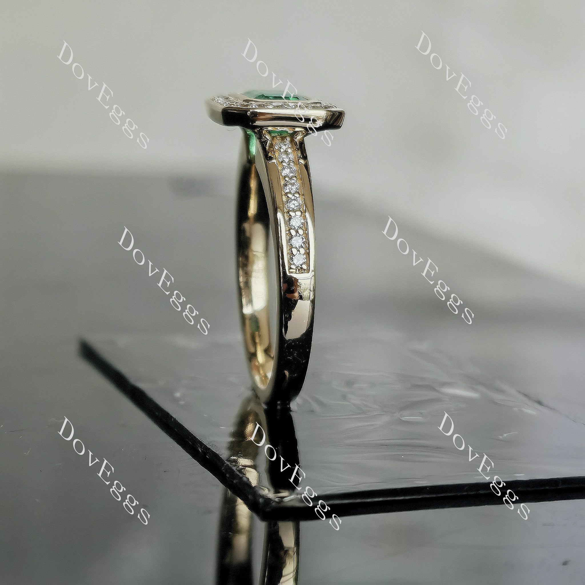 Doveggs elongated emerald halo colored gem engagement ring