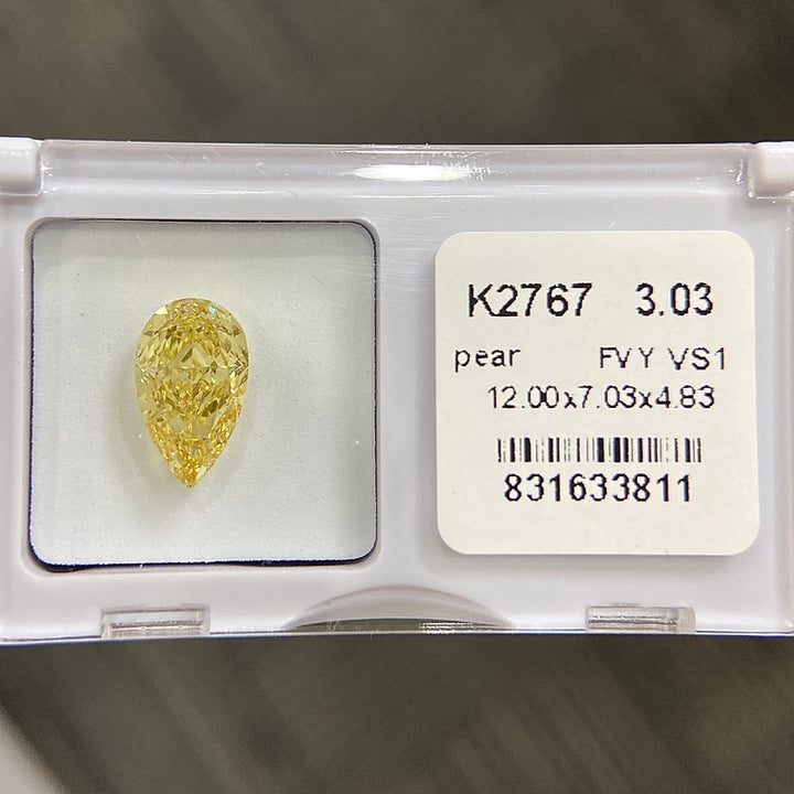DovEggs 3.03ct pear fancy vivid yellow VS1-LAB GROWN DIAMOND-K2767