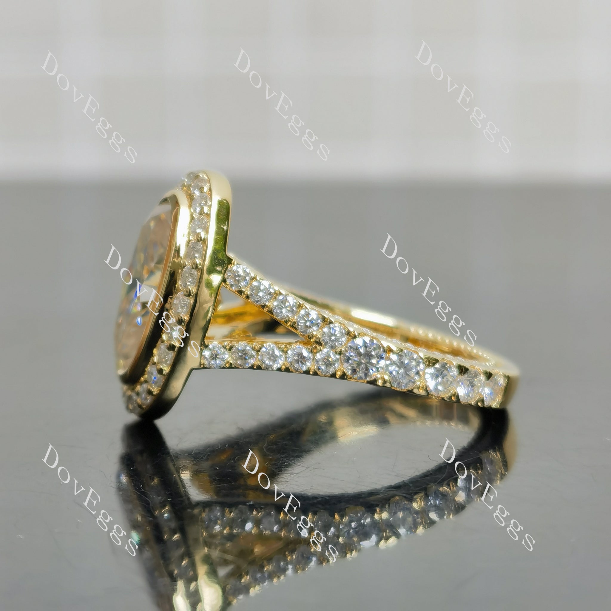 Doveggs oval bezel halo split shanks 3/4 eternity moissanite engagement ring