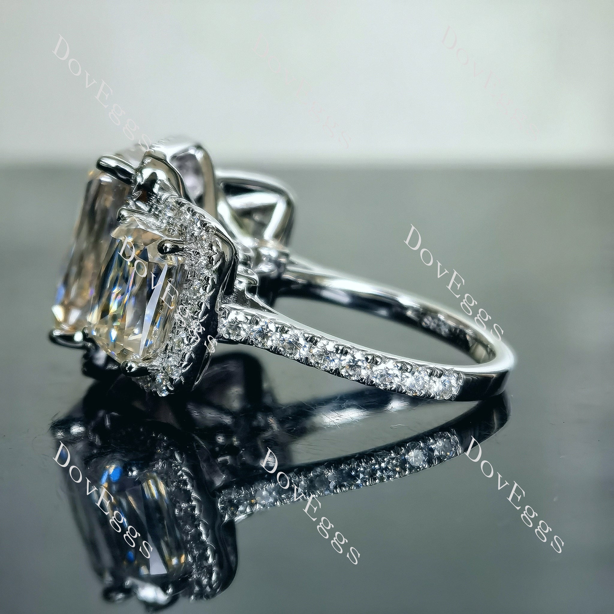 Doveggs criss cut three-stone halo pave moissanite engagement ring