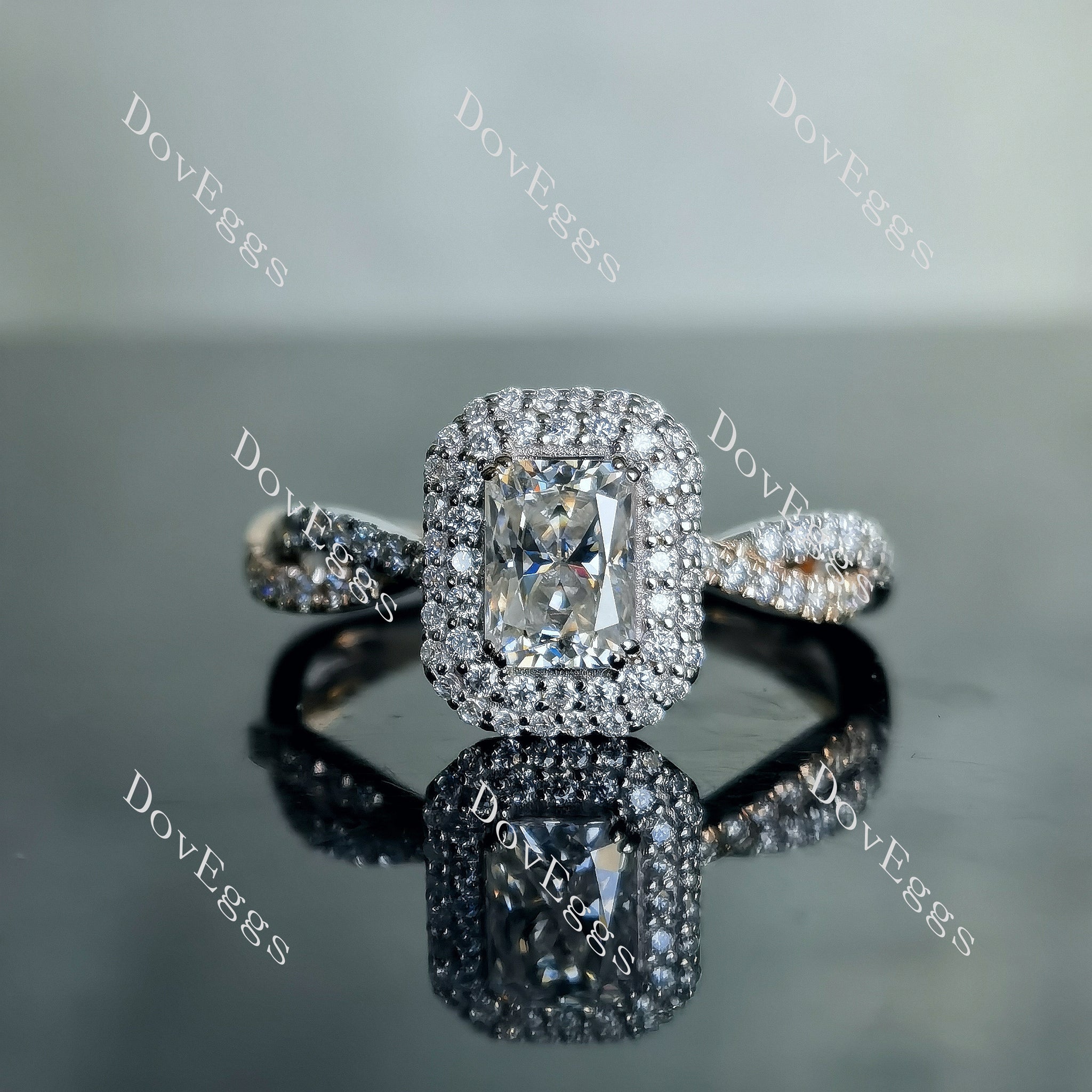 Doveggs radiant double halo pave moissanite engagement ring