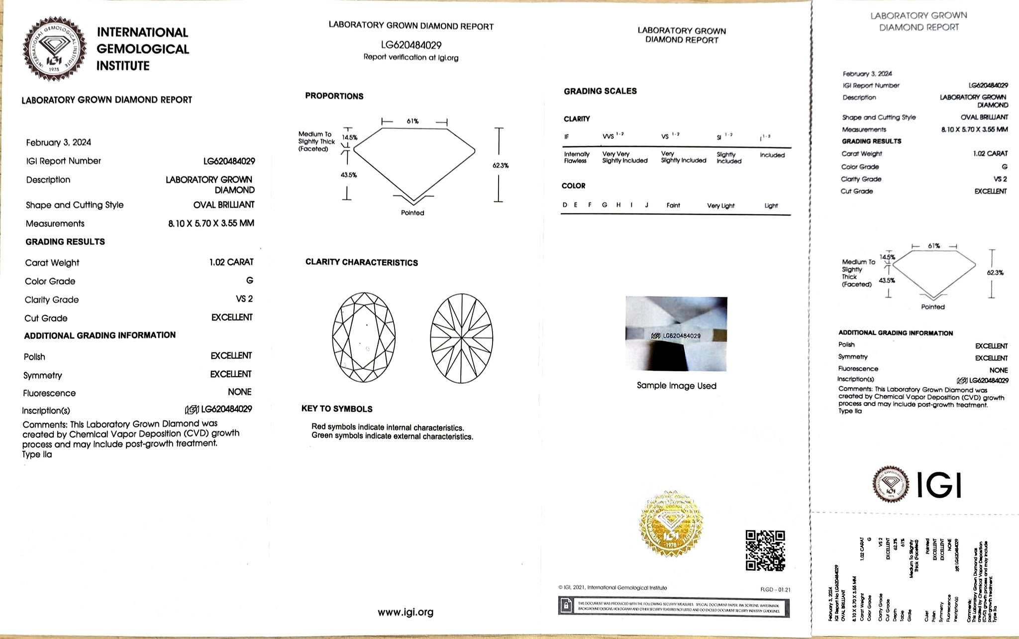 IGI certificate for 1.02ct oval G color VS2 clarity lab diamond (Certificate #LG620484029