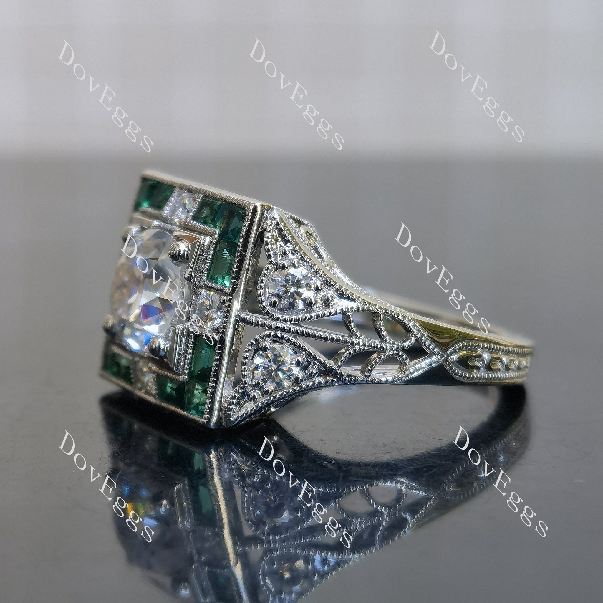 Doveggs round pave art deco vintage moissanite engagement ring