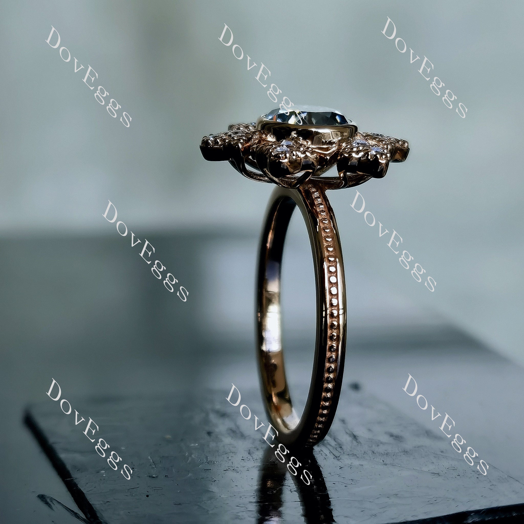 Doveggs round bezel floral smokey spark grey moissanite engagement ring