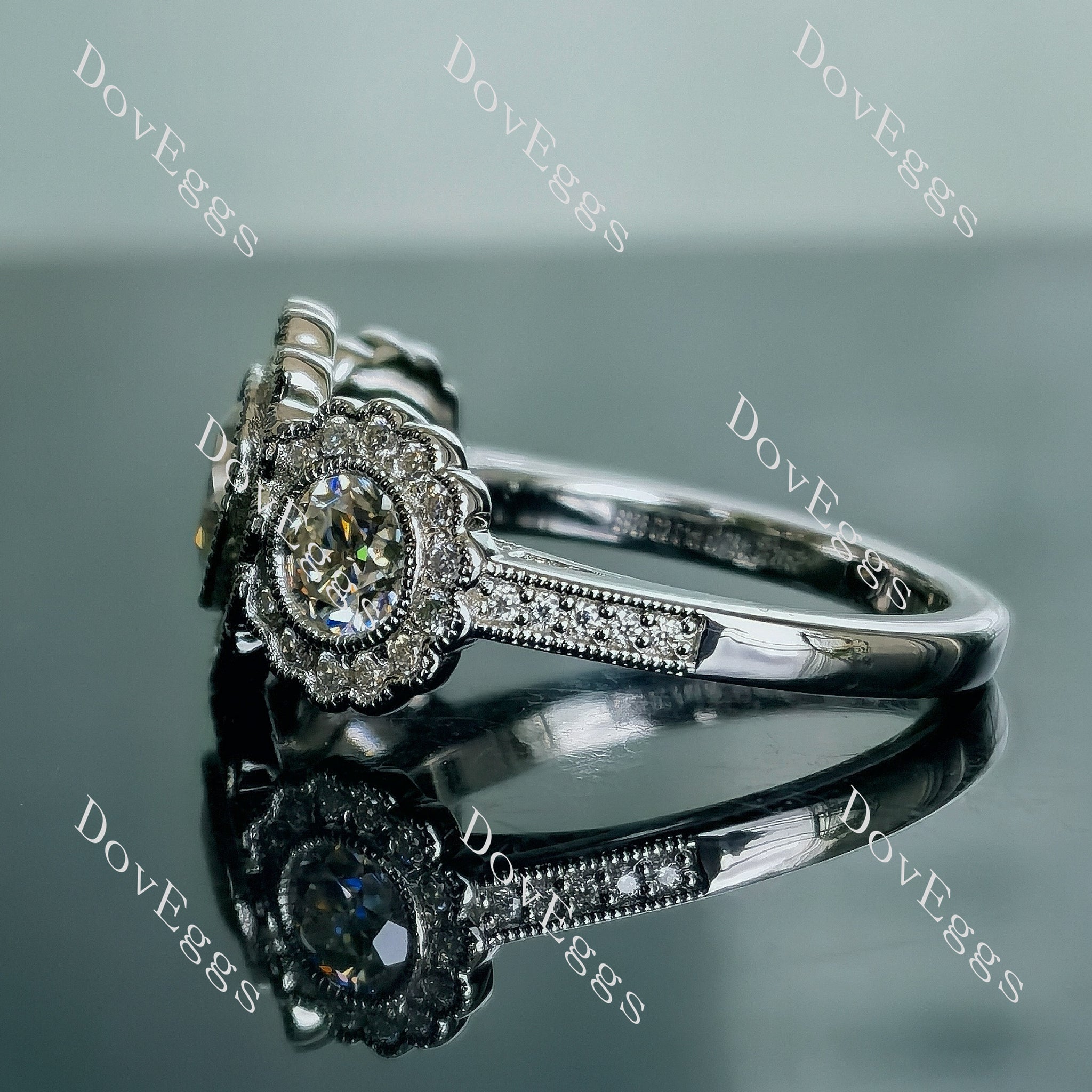 Doveggs round floral halo three stones moissanite engagement ring