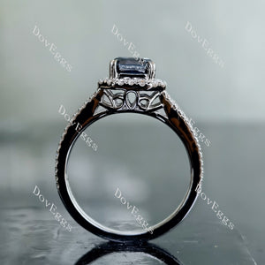 DovEggs asscher split shank halo pave twilight blue moissanite engagement ring