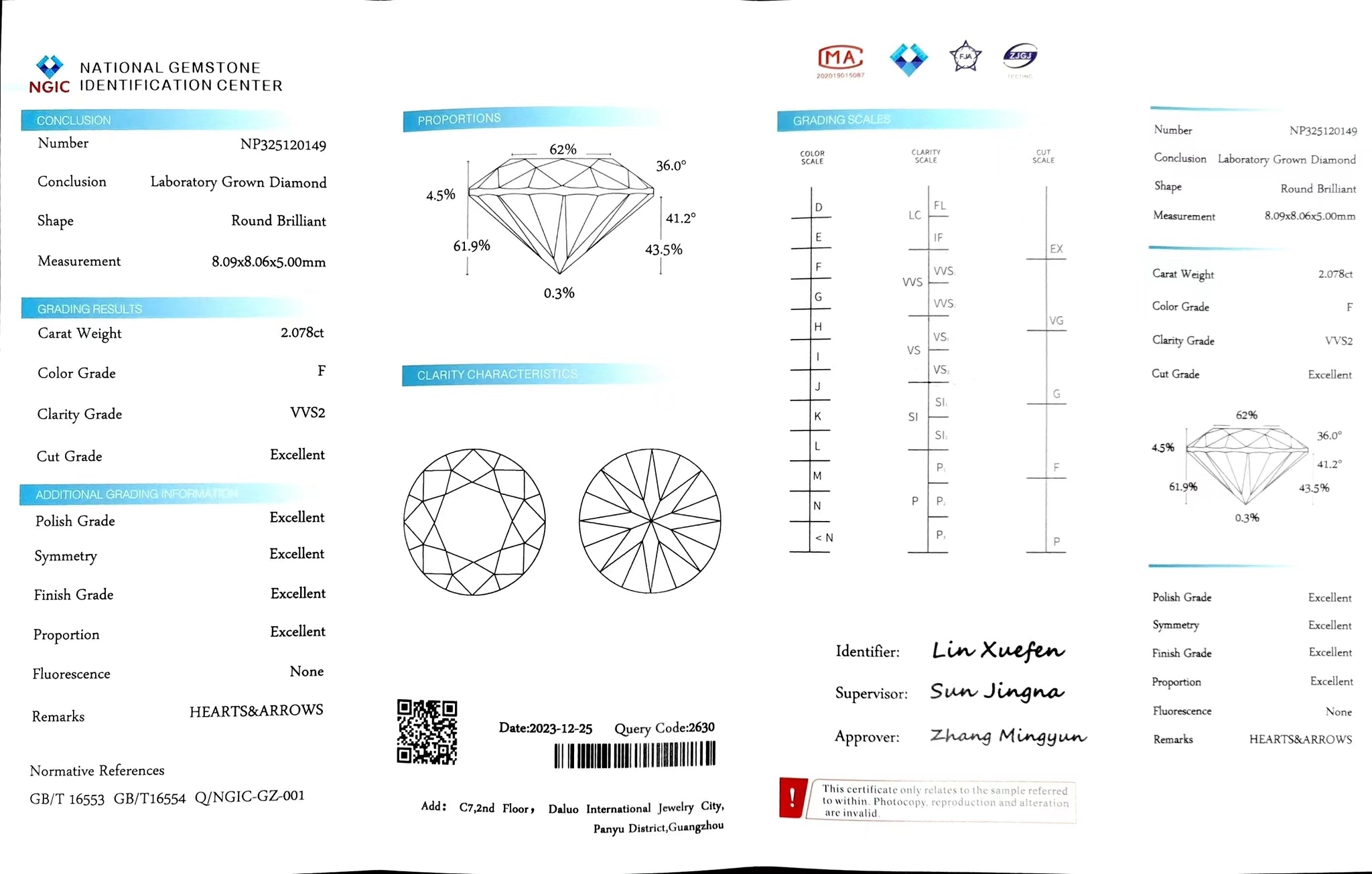 Doveggs 2.078ct round F color VVS2 Clarity Excellent cut lab diamond stone(certified)