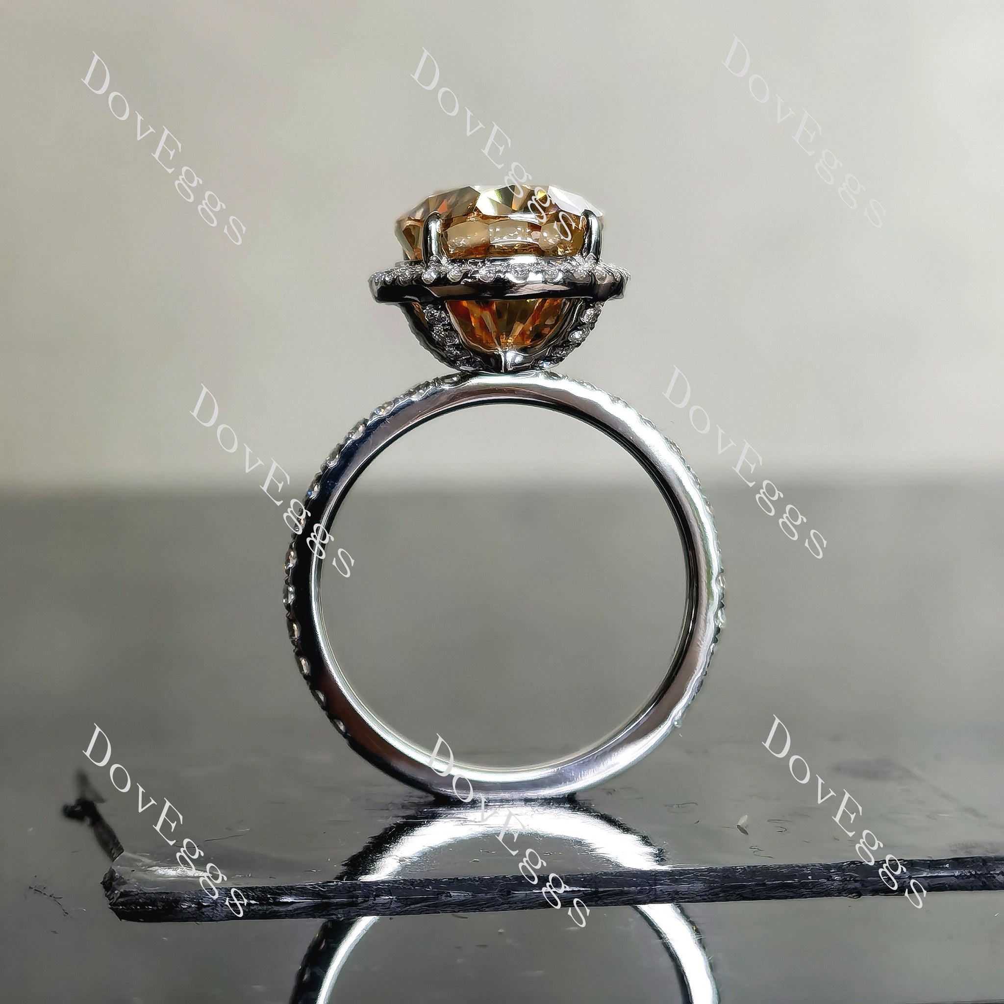 Doveggs oval halo pave colored moissanite engagement ring