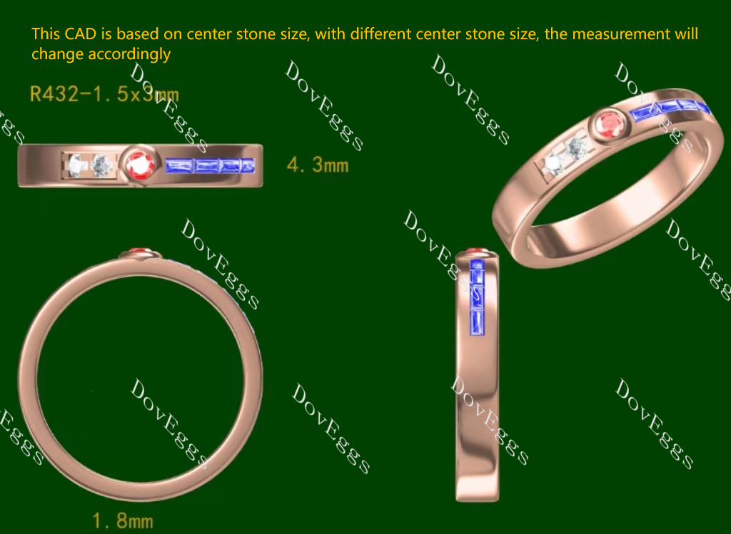 Doveggs round bezel colored gem wedding band-4.3mm band width