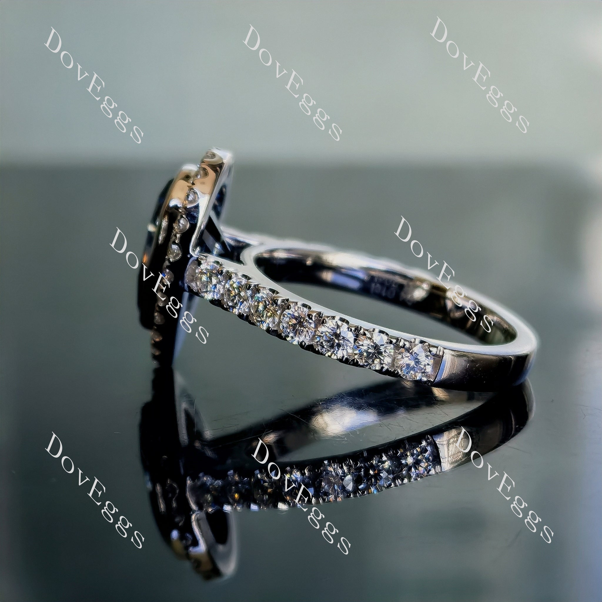 DovEggs pear halo bezel pave twilight blue moissanite engagement ring