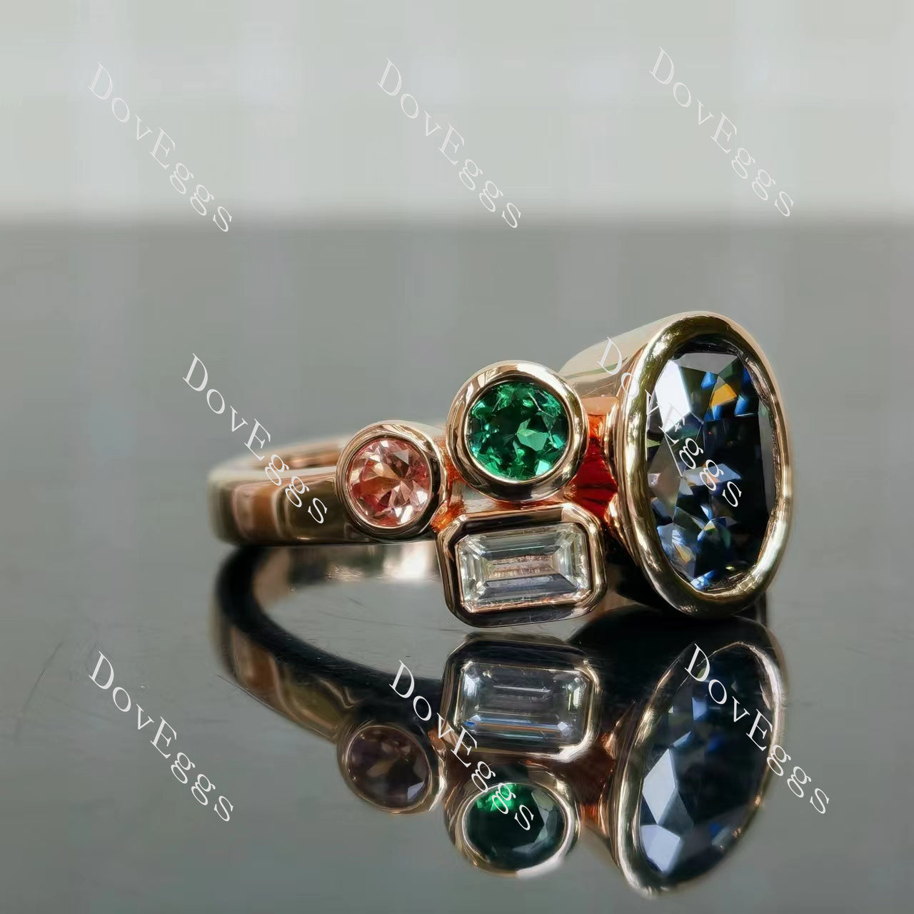 Doveggs oval bezel side stones stardust grey moissanite engagement ring