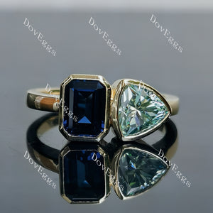 Doveggs fat trillion emerald two stones bezel setting moissanite & colored gem ring