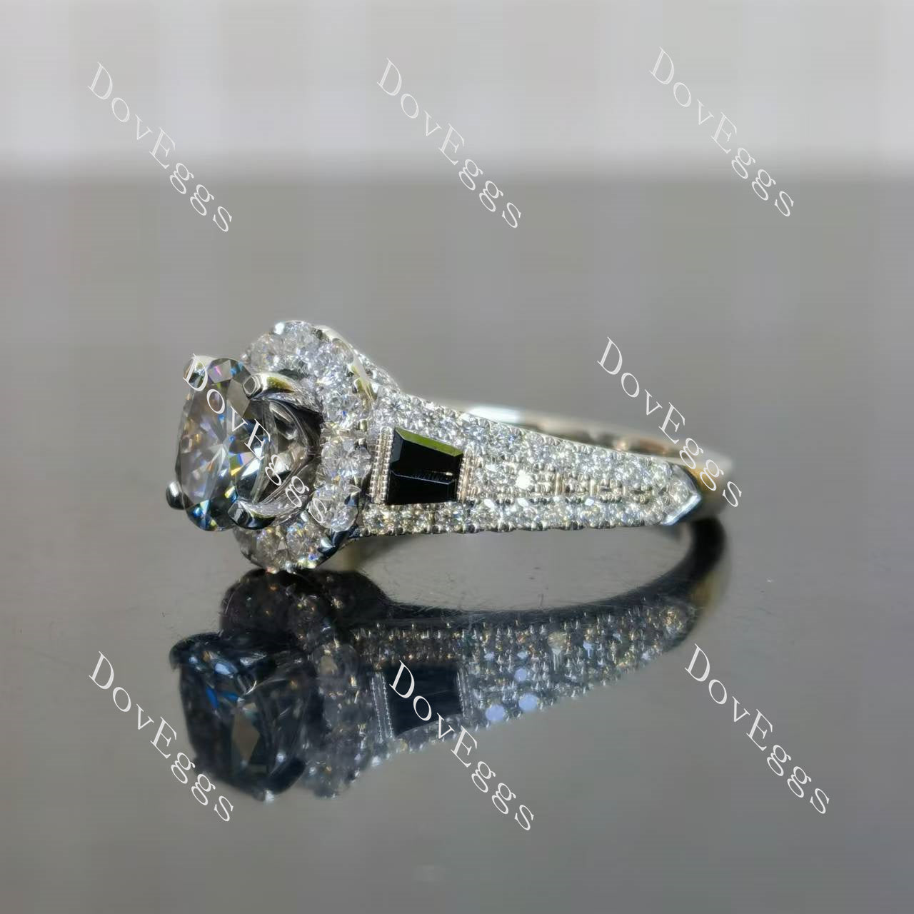 Trayce oval halo pave vintage stardust grey moissanite engagement ring