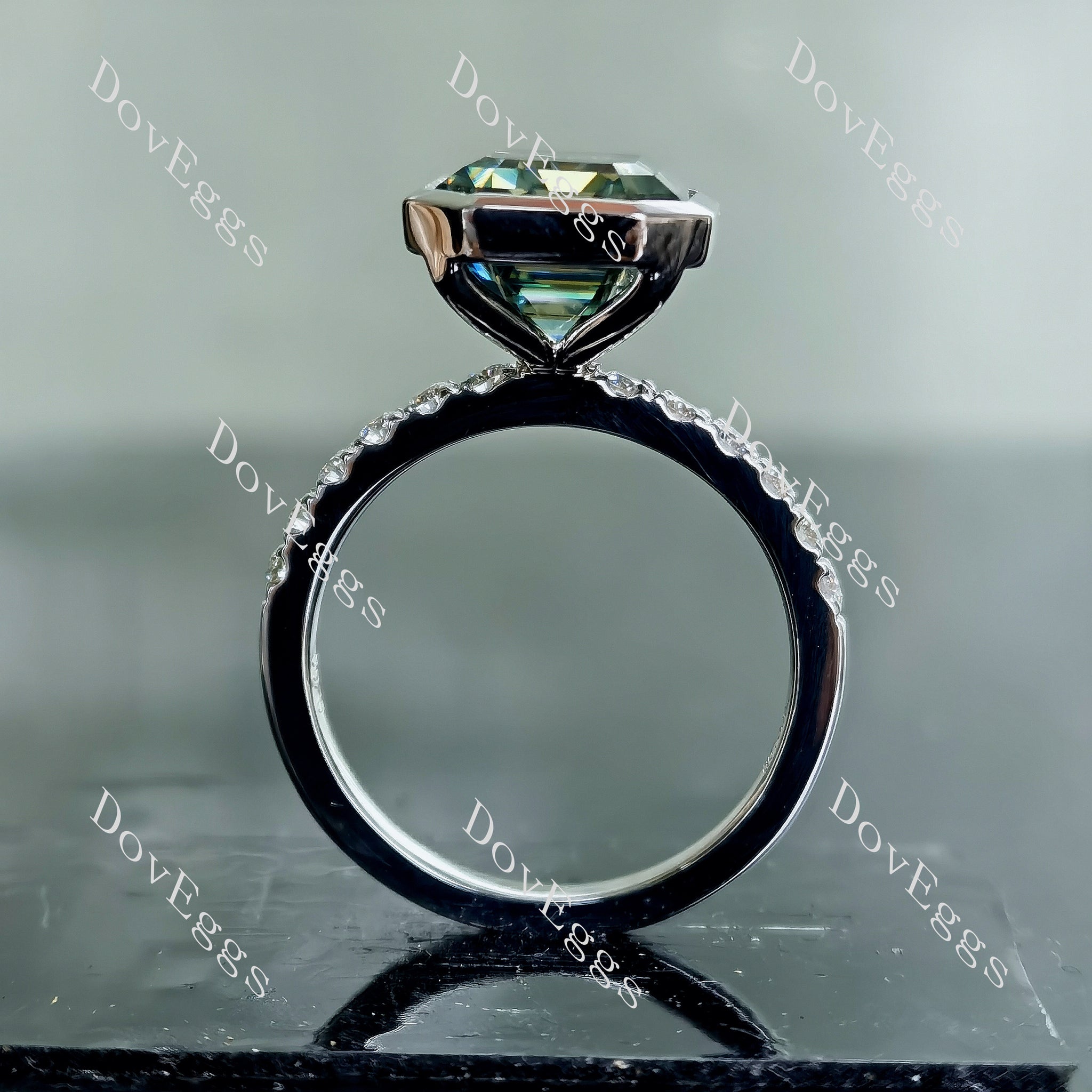 Doveggs elongated krupp cut bezel half eternity pave colored moissanite engagement ring