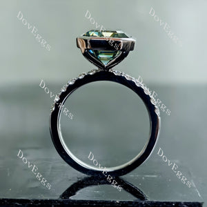 Doveggs elongated krupp cut bezel half eternity pave colored moissanite engagement ring