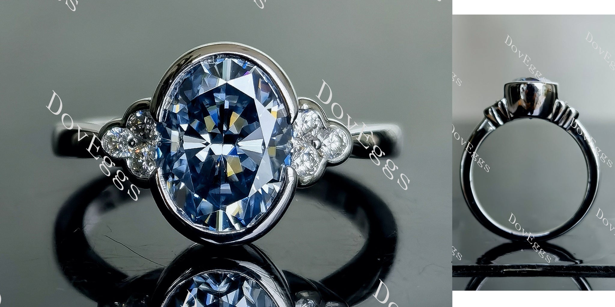 Doveggs oval side stones twilight blue moissanite engagement ring