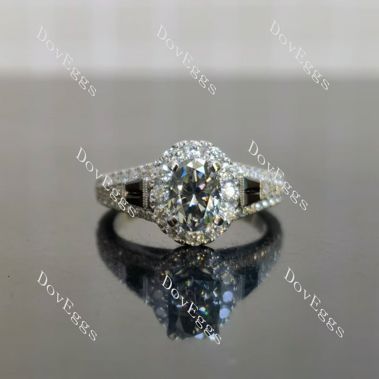 Trayce oval halo pave vintage stardust grey moissanite engagement ring