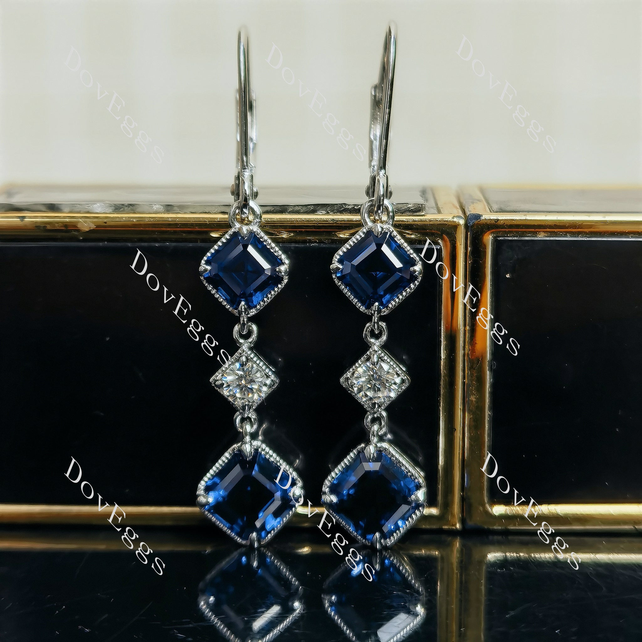 asscher round bezel colored gem dangle earrings