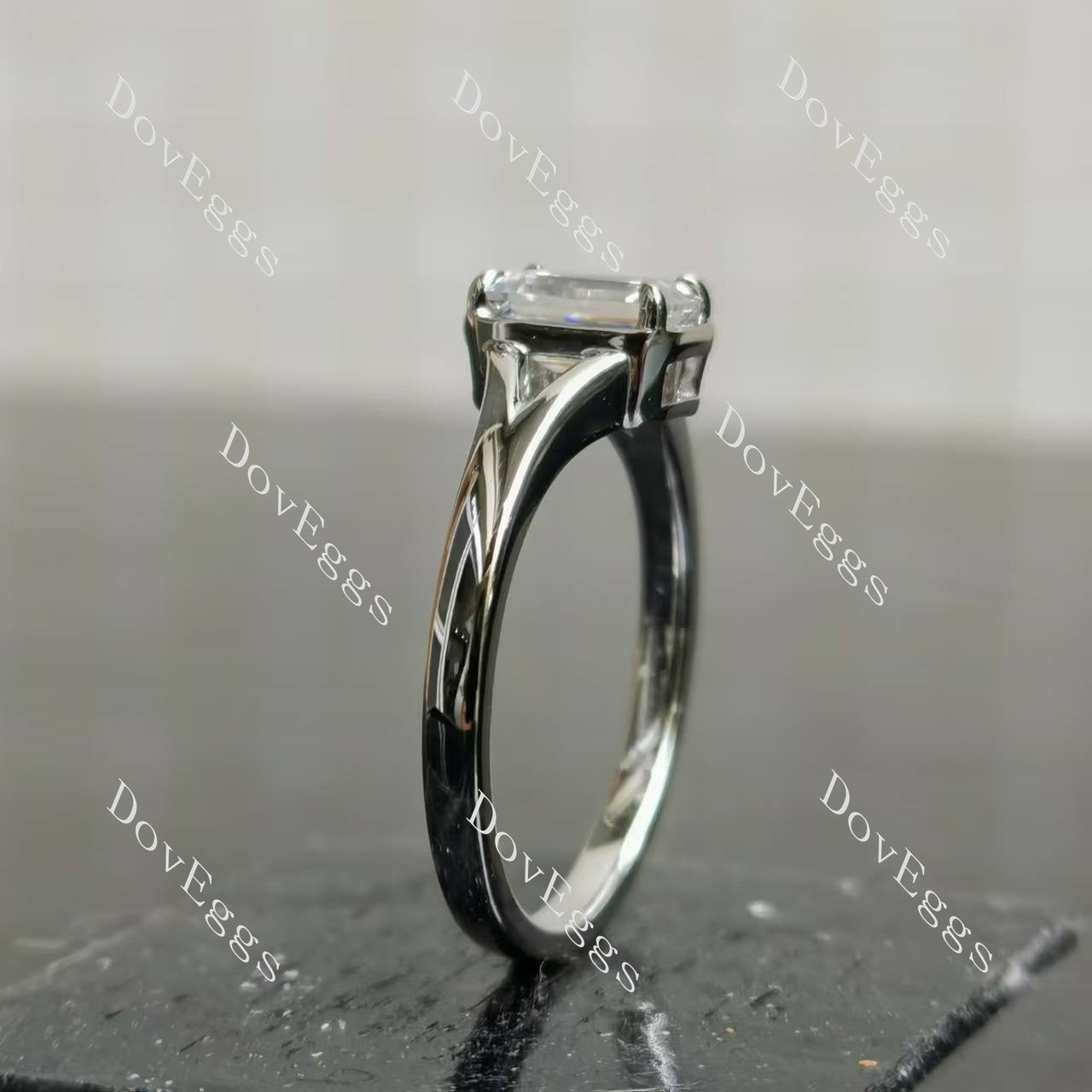 Doveggs emerald solitaire split shanks moissanite engagement ring
