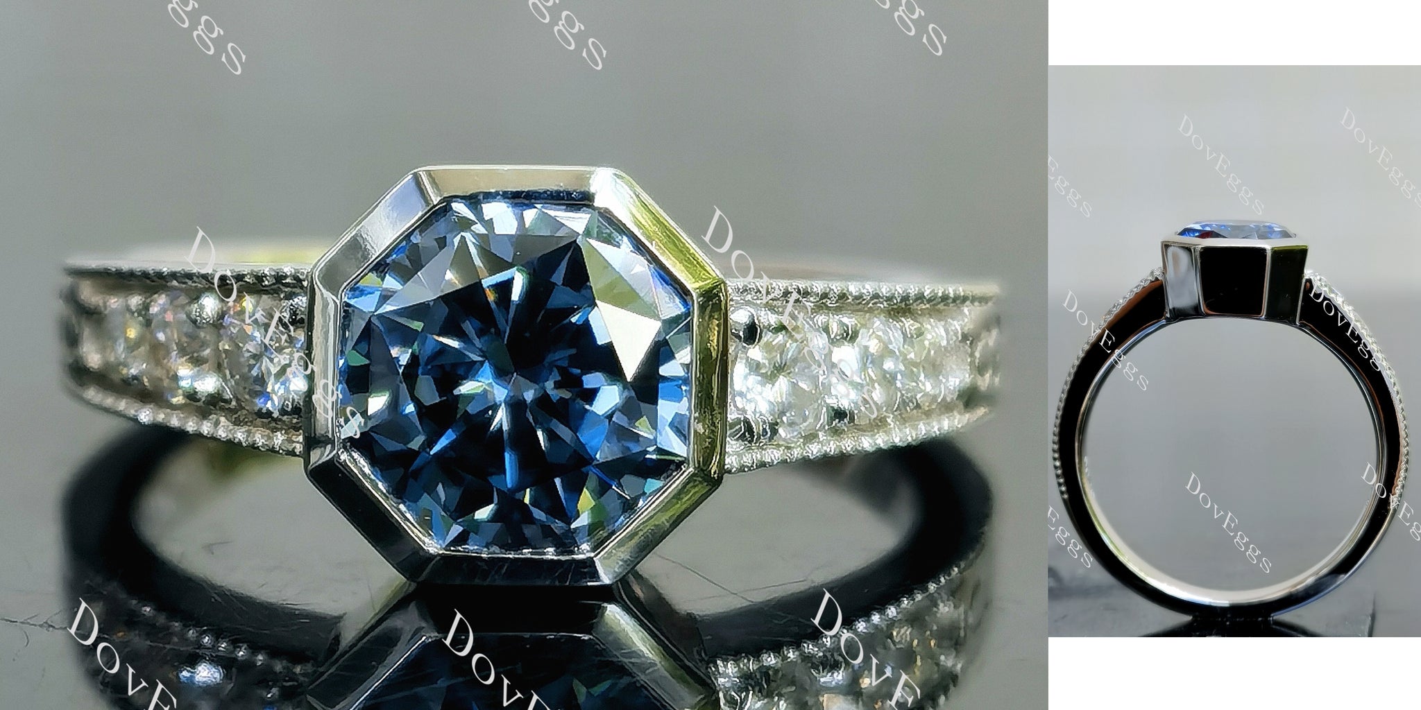 bezel pave twilight blue moissanite engagement ring