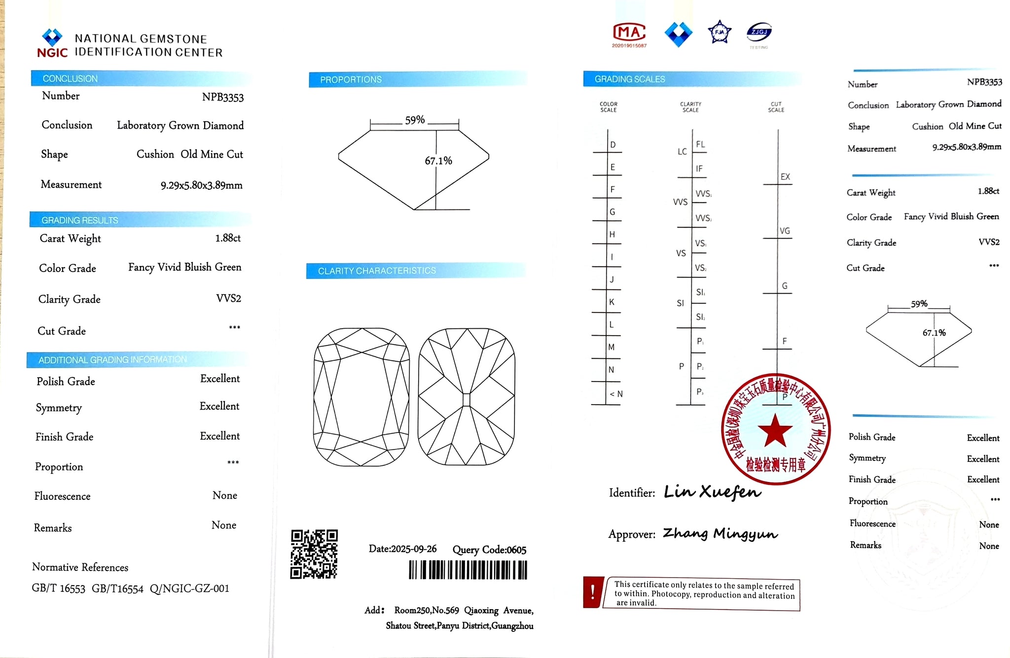 Certificate for 1.88ct cushion old mine cut fancy vivid bluish green lab-grown diamond