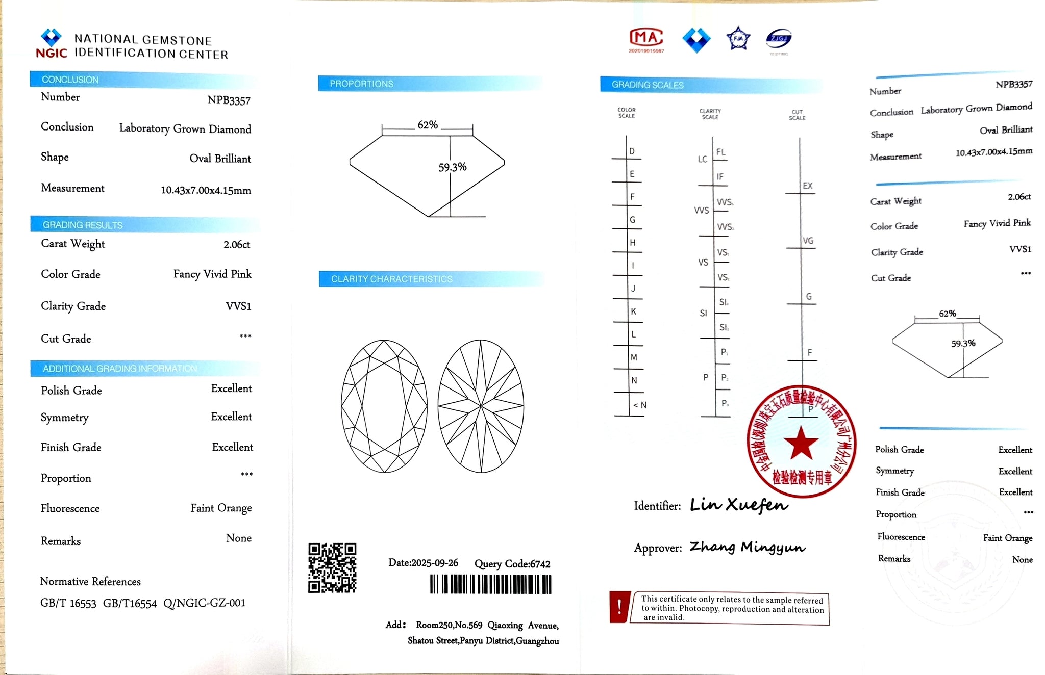 Certificate for 2.06ct oval cut fancy vivid pink VVS1 lab-grown diamond