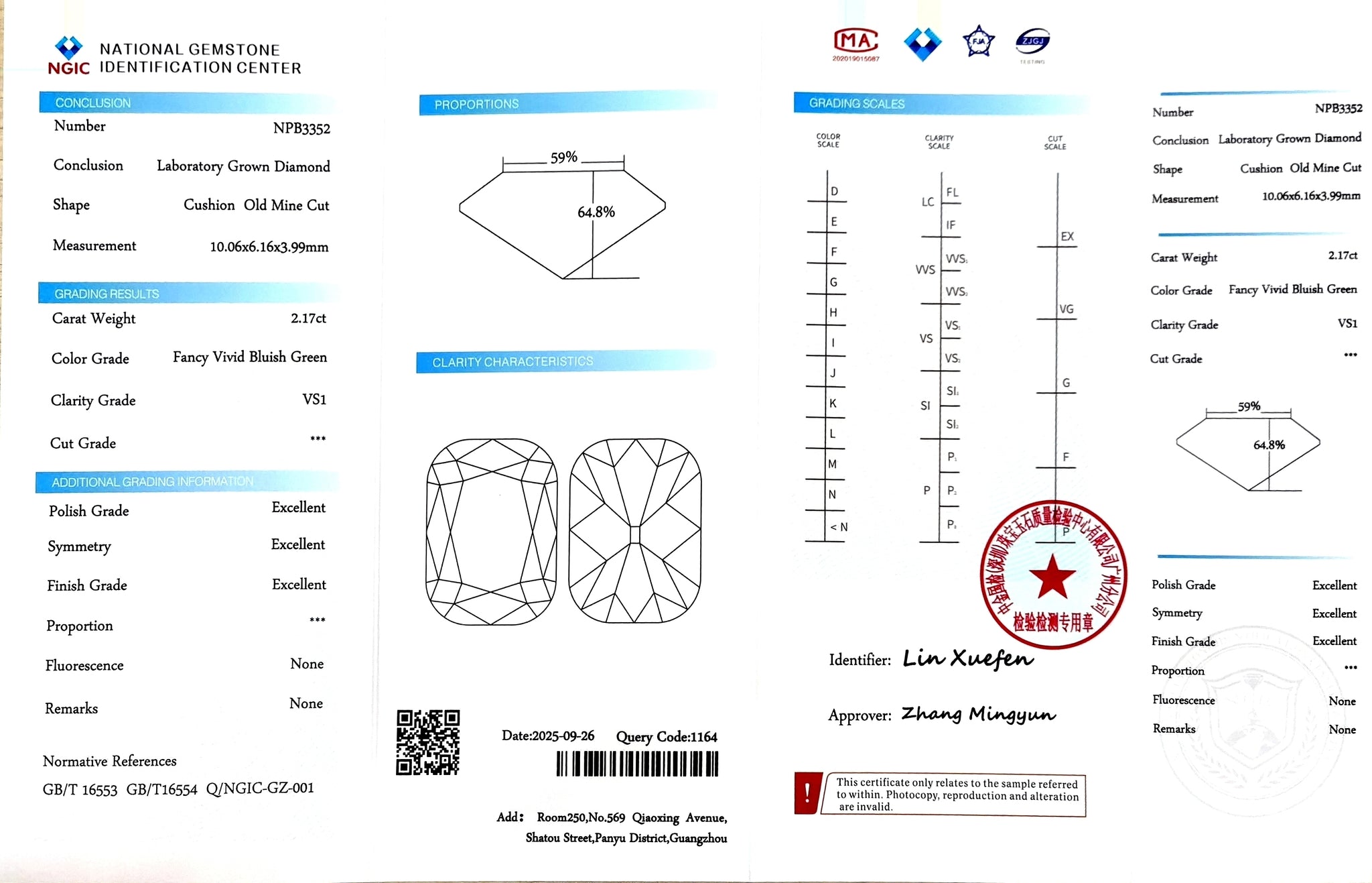 Certificate for 2.17ct cushion old mine cut fancy vivid bluish green lab-grown diamond