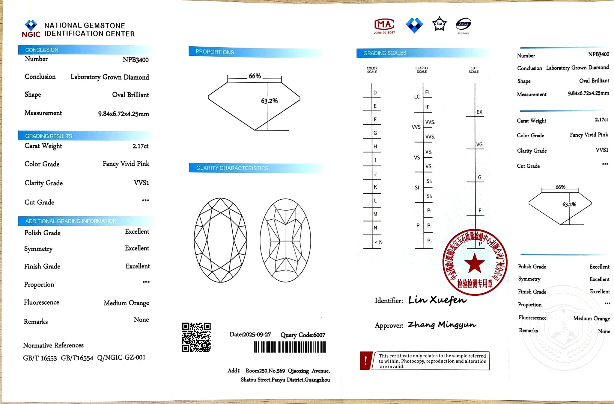Doveggs certificate for 2.17ct oval cut Fancy Vivid Pink VVS1 clarity lab-grown diamond