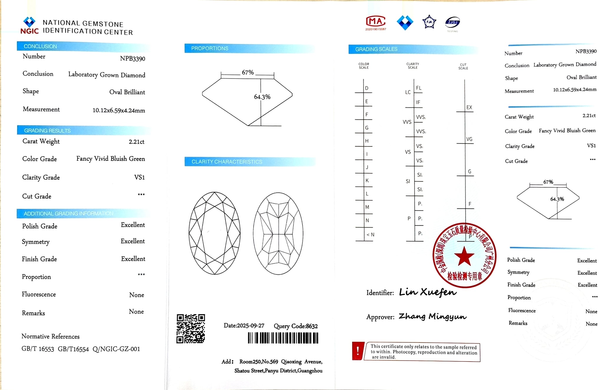  "Certificate for 2.21ct oval cut Fancy Vivid Bluish Green VS1 clarity lab-grown diamond"