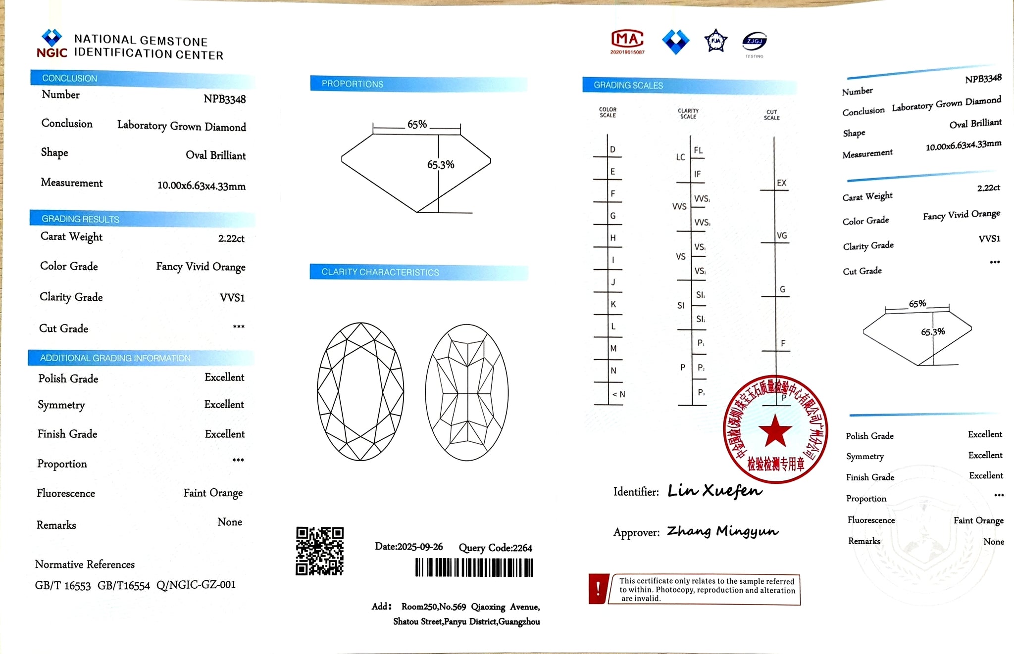 Certificate for 2.22ct oval cut fancy vivid orange lab-grown diamond