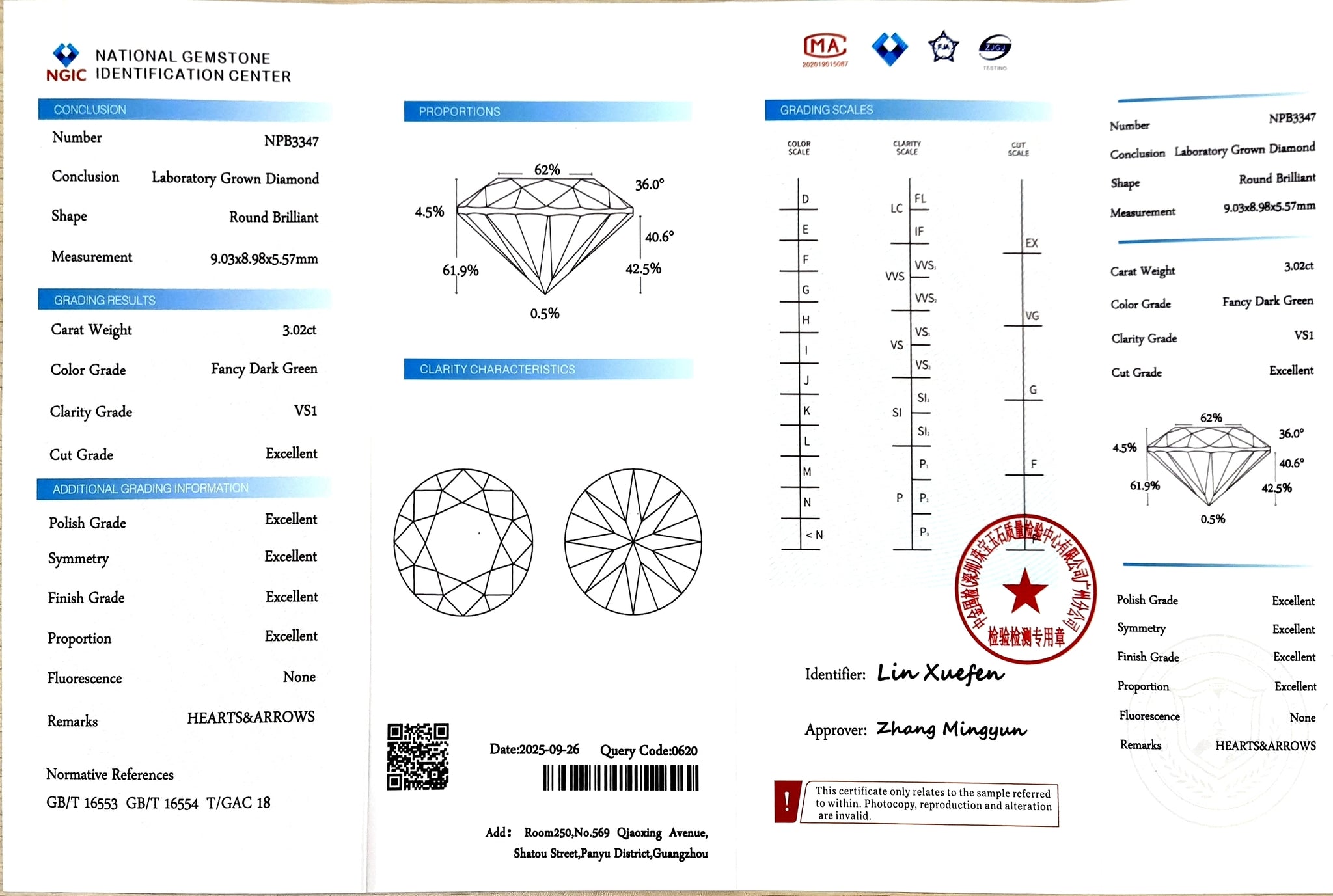 Certificate for 3.02ct round brilliant cut fancy grey green lab-grown diamond
