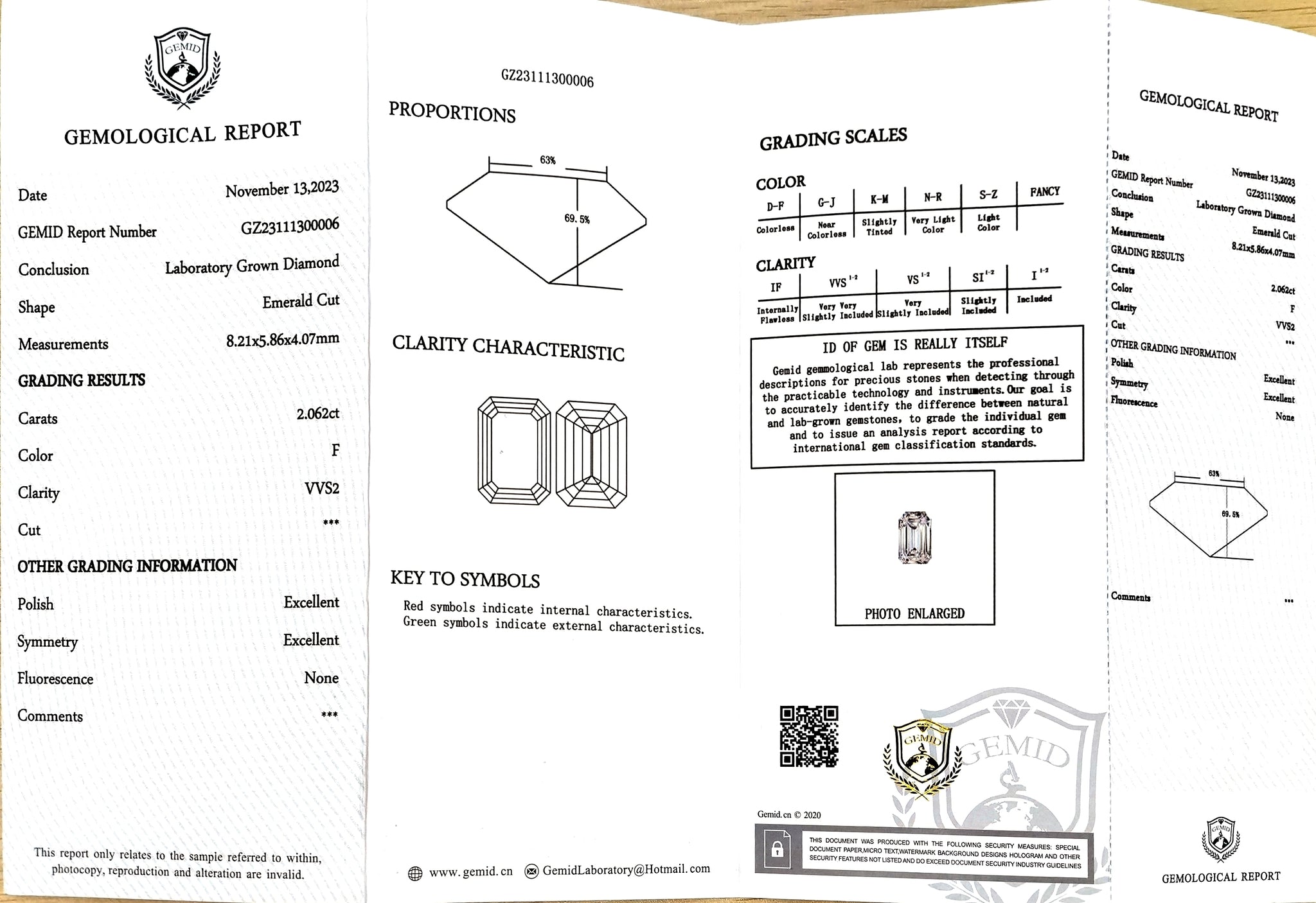GEMID certificate for 2.062ct emerald cut F color VVS2 lab diamond (Report #GZ23111300006)
