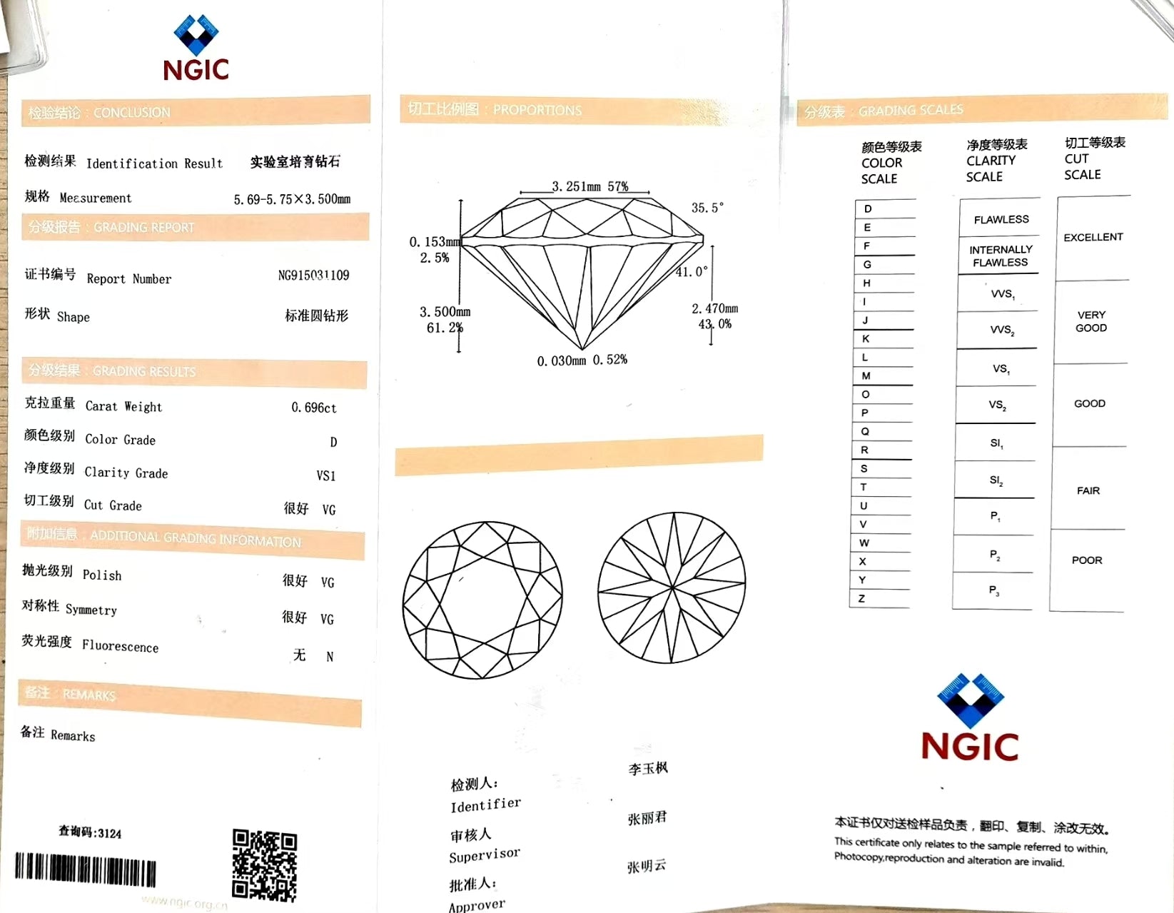 IGI certificate for 0.696ct round D color VS1 clarity lab-grown diamond