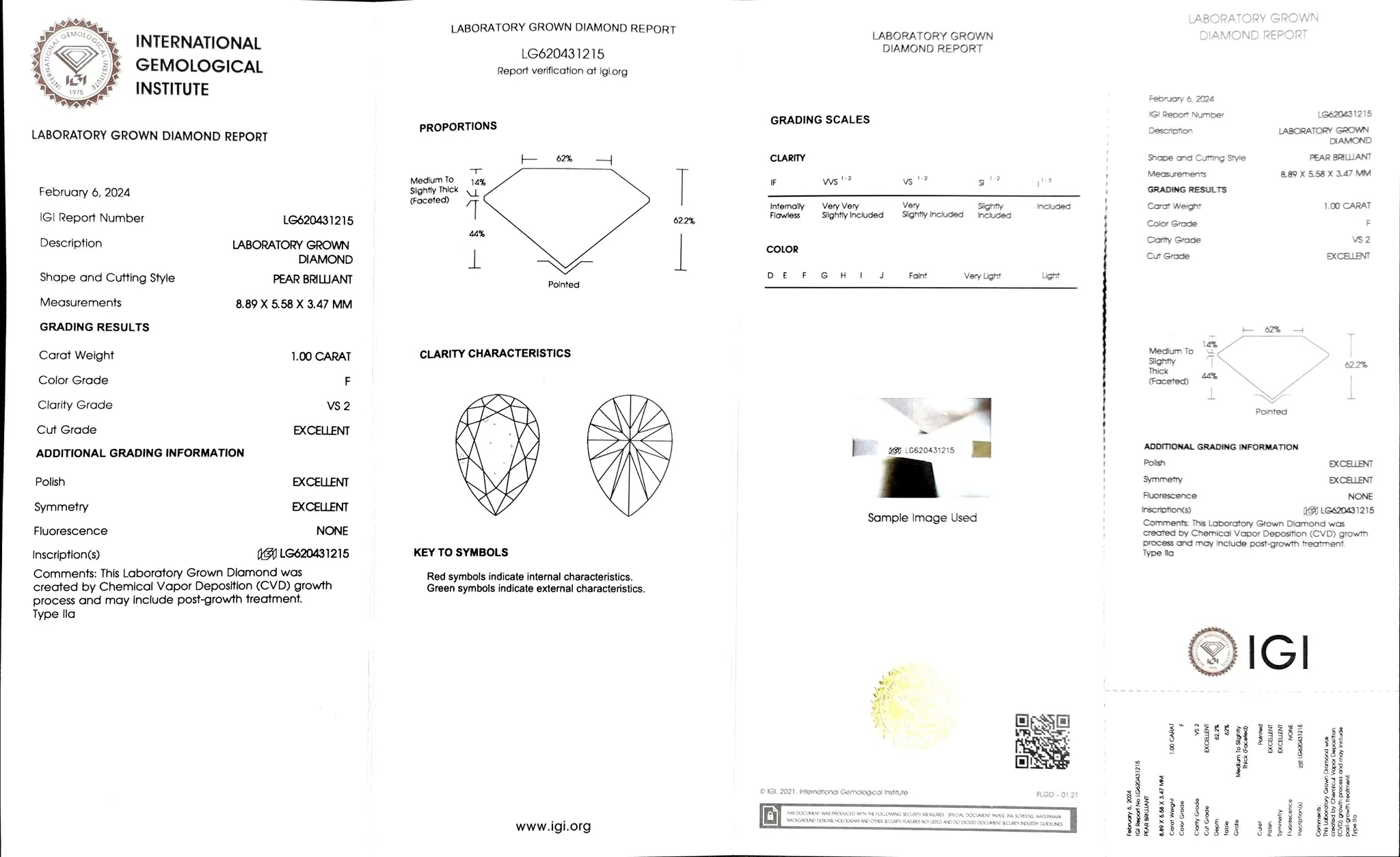IGI certificate for 1.00ct pear cut F color VS2 lab diamond"